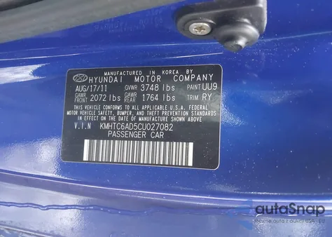 2012 Hyundai Veloster Base W/Black z USA, uszkodzony, nr VIN KMHTC6AD5CU027082